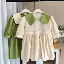 大码女装200斤胖妹妹夏季时尚休闲小清新撞色娃娃领短袖衬衫4362