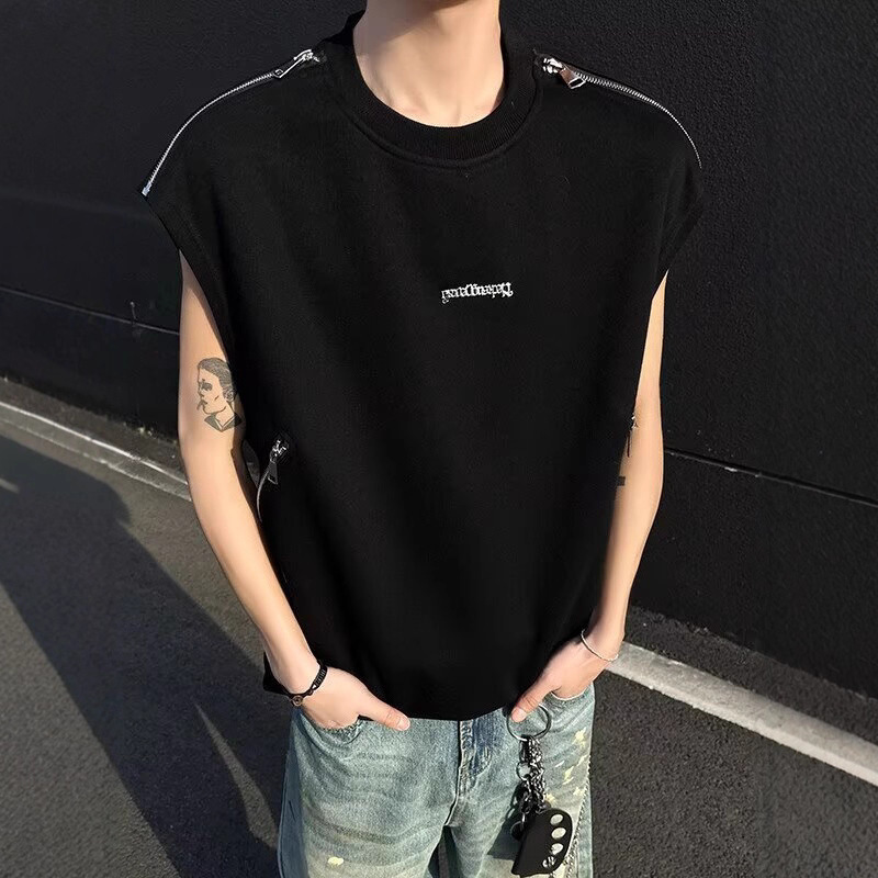 Unique Metal Deconstructed Black Vest for Men with a High-End Design, Zippered Sleeveless T-Shirt, Trendy Summer Tank Top