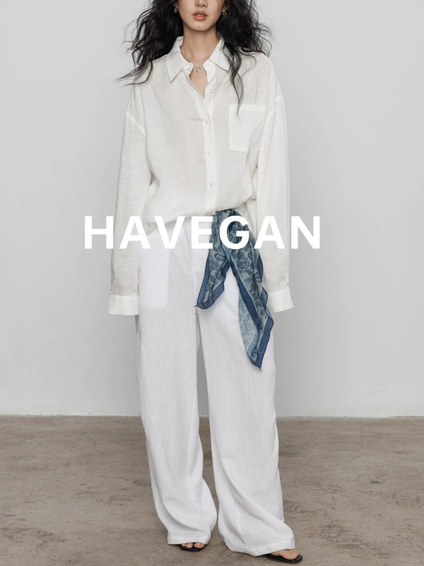 与间HAVEGAN/天丝亚麻宽松长袖衬衫女慵懒老钱风2025新款防晒上衣|undefined