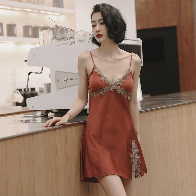 Embroidered Sling New Nightdress Women's Spring and Summer Thin Ice Silk Sexy Backless Short Skirt Korean Style Split Pajamas with Chest Pad