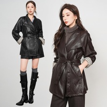 海宁真皮皮衣女中长款2025秋冬韩版西装领系带绵羊皮风衣外套潮