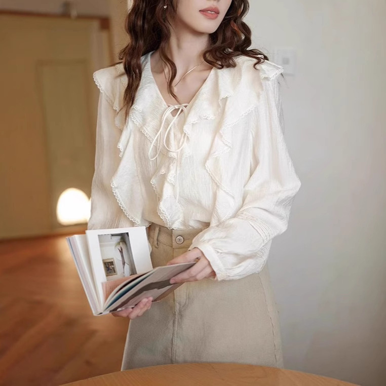 Muyi French Long-sleeved Shirt Women's 2025 Spring White Lace-up Elegant All-match V-neck Ruffled Top