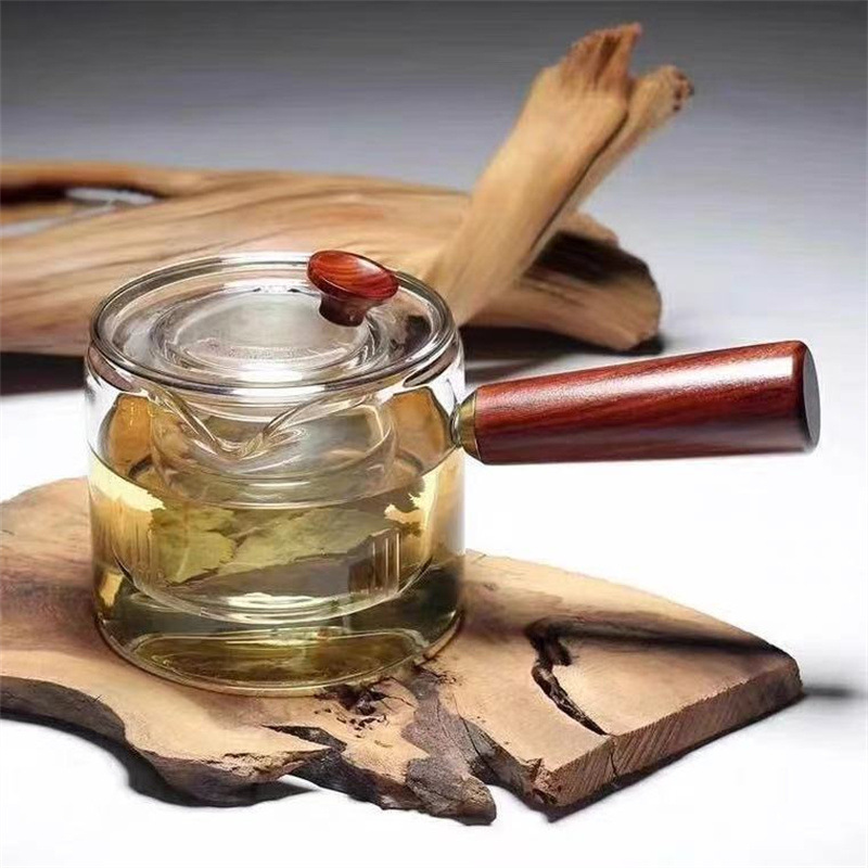 Manija lateral tetera de vidrio calefacción mango de madera fabricante de té tetera hogar resistente al calor Kung Fu juego de té traje