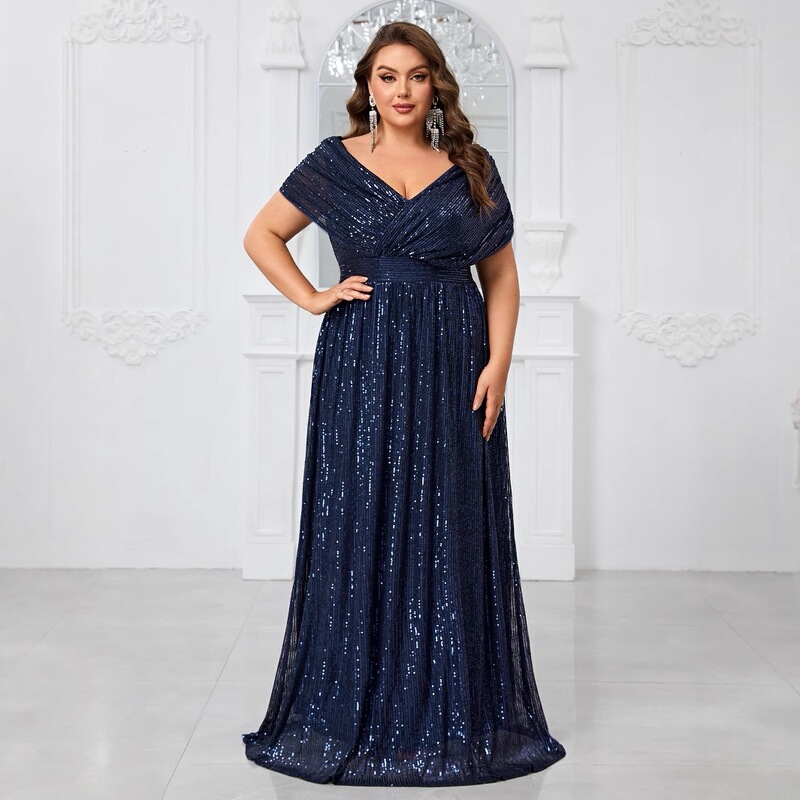 European and American Hot-Selling Women's Plus-Size Simple Dress, Sequined V-Neck Shawl-Style Short-Sleeve Party Evening Dress-Fmg1082 European and American Hot-Selling Women's Plus-Size Simple Dress, Sequined V-Neck Shawl-Style Short-Sleeve Party Evening Dress-Fmg1082