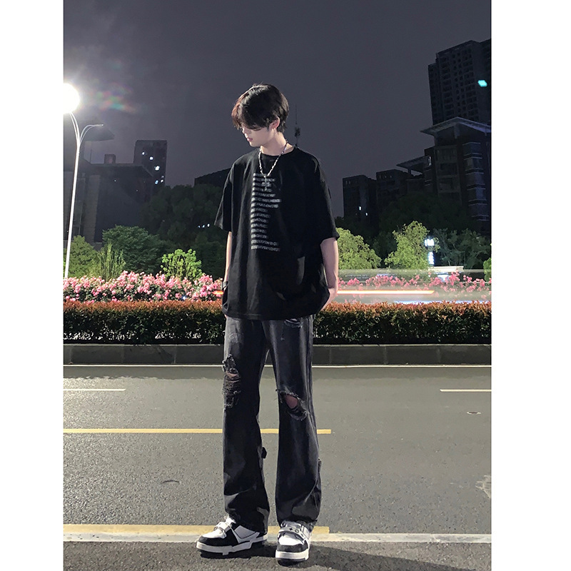 Black Ripped Jeans Men's American Style High Street Vibe Pants Fashion Brand Autumn Thin Street Straight Pants Black Ripped Jeans Men's American Style High Street Vibe Pants Fashion Brand Autumn Thin Street Straight Pants