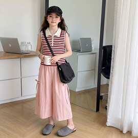 女童条纹POLO衫套装夏季2026新款韩版儿童女孩蝴蝶结阔腿裤两件套