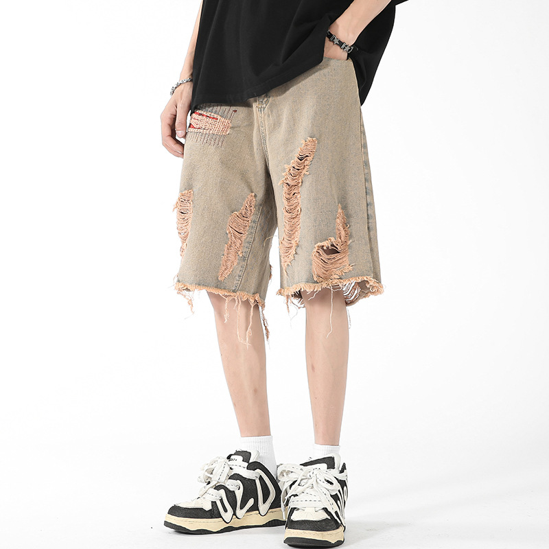Jeans im amerikanischen Stil für Herren, 2024, Sommer, trendige Marke, Distressed-Denim-Shorts, Jugend, High Street, lockere, lässige Caprihosen_voghion.com
