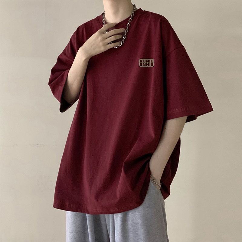 wine red Short-sleeved T-shirt Men's Summer New American Style Trendy Brand Five-sleeved Upper Clothes plus size Half-sleeved T-shirt