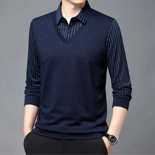 Men's seamless striped single-sided shirt collar fake two-piece casual spring and autumn loose long-sleeved non-ironing wrinkle shirt explosions