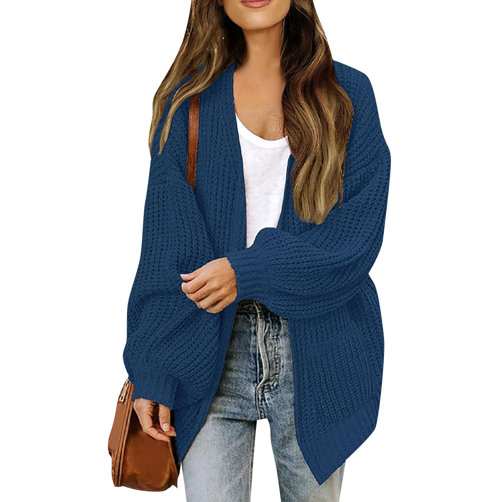 2023 Otoño e Invierno Amazon comercio exterior de las mujeres manga larga linterna manga color sólido flojo punto cardigan grueso aguja suéter para las mujeres