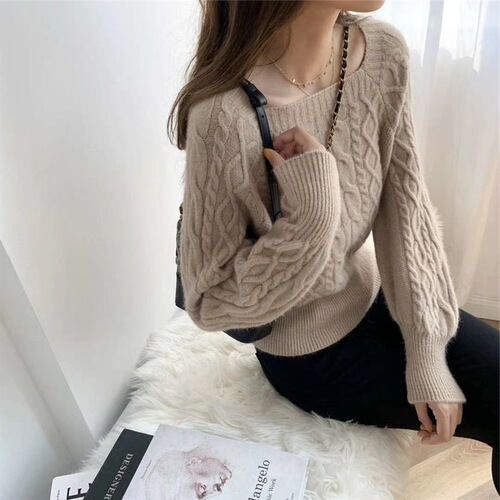 Cardigan top for women, 2025 autumn/winter Korean style loose square neck, thick ribbed, outerwear, waist-cinching, slimming knitwear