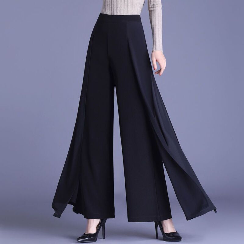 Chiffon Wide-Leg Pants for Women, High-Waisted Long Pants, Suitable for Spring, Summer, Autumn, and Winter, Flowy Casual Runway-Style Skirt Pants, Dance Pants