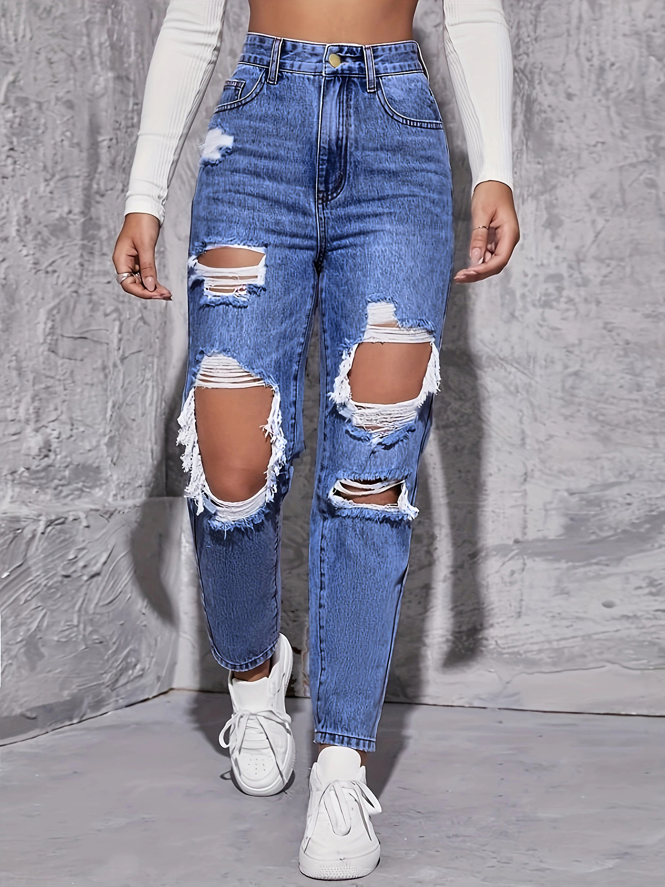 European And American Blue Ripped High-waisted Denim Straight-leg Pants Women's Fashion Versatile Trousers_ecoleips.com