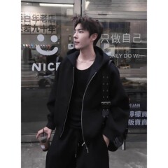 浅灰色双拉链开衫卫衣男款秋季重磅正肩连帽外套美式潮牌短款帽衫