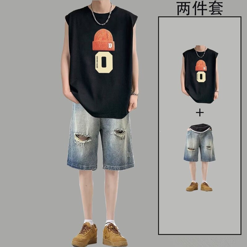 American-Style New Sleeveless Vest Top Men's Set, Summer Sleeveless Vest, Trendy Ins-Style Pairing with Cool Denim Shorts American-Style New Sleeveless Vest Top Men's Set, Summer Sleeveless Vest, Trendy Ins-Style Pairing with Cool Denim Shorts