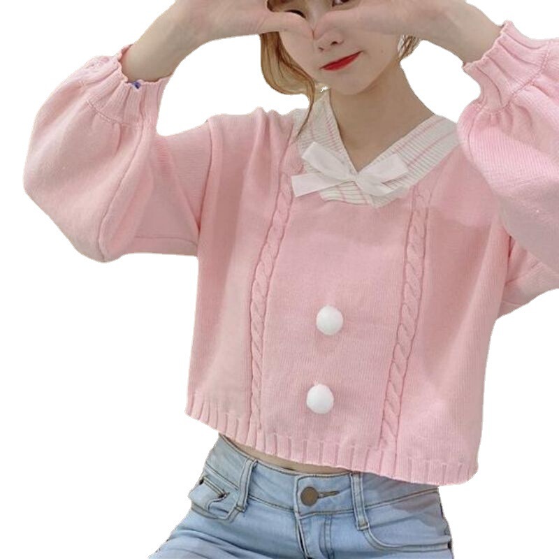 日本の甘いセーターの女性の秋冬の新型の小さい太った妹のゆったりしている洋風の学院の風の小さい背のニットの上着|undefined