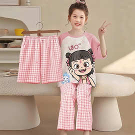 女童睡衣派大星三件套2025夏季薄款短袖空调家居服中大童儿童套装