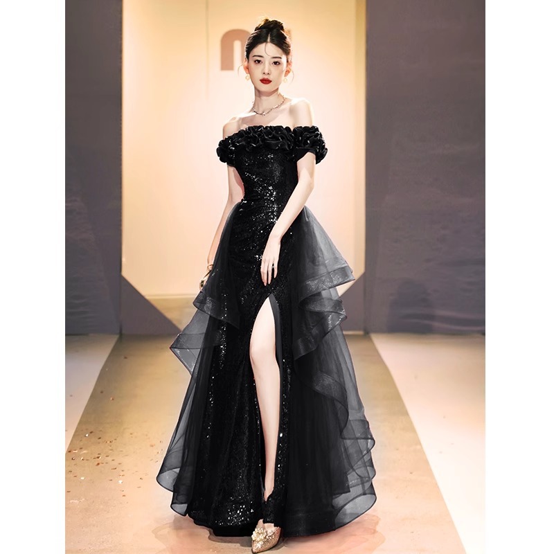 Đầm dạ hội lệch vai đen đính sequin ôm body dáng dài — Màu đen (lưới không thể tháo rời), Màu đỏ rượu vang (lưới không thể tháo rời)