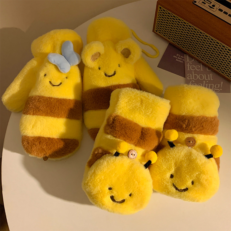 Honey bear arco guantes de peluche amarillos mujeres otoño invierno 2024 caliente versátil a prueba de viento motocicleta