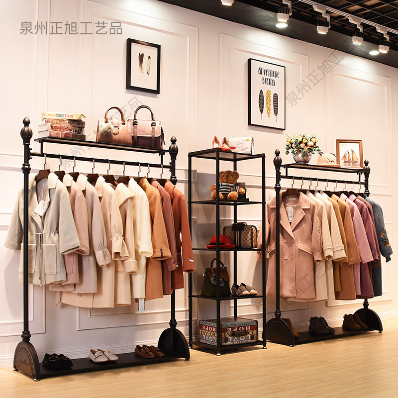 Retro Clothing Store Display Rack Wall Men's and Women's Clothing Rack Clothes Rack Display Rack European Floor-standing Clothes Rack