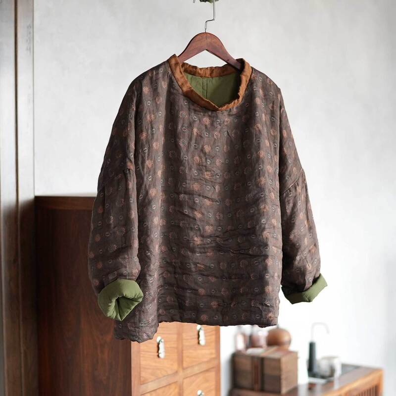 4459 Ramie Quilted Digital Printed High-Neck Cotton Coat Autumn and Winter New Style Literary Casual Western Style Top Cotton Coat