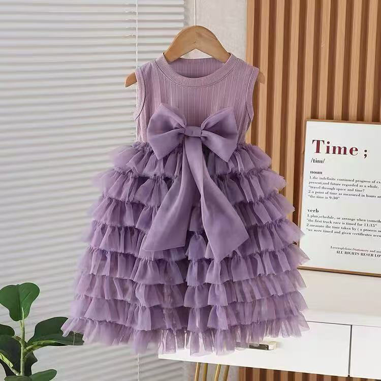 Children's Mesh Princess Cake Girls' Sleeveless Bow Dress, Stylish And Sweet Ruffled Puffy Long Dress_voghion.com