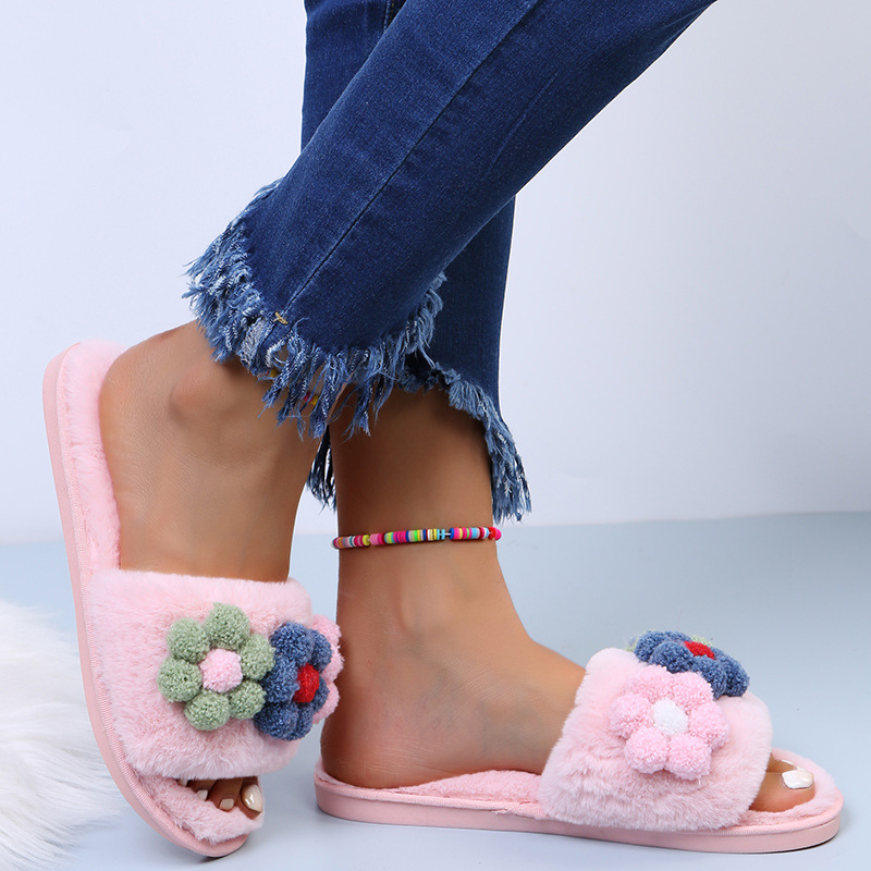 Flat-Bottomed Colorful Flowers Furry Slippers NSKJX104840