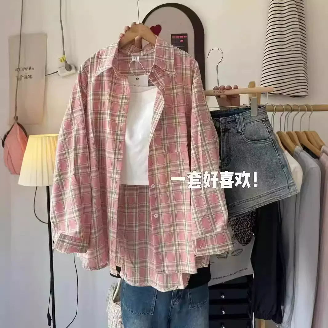 复古撞色格子长袖衬衫上衣女新款女春夏季中长款宽松防晒衬衣外套