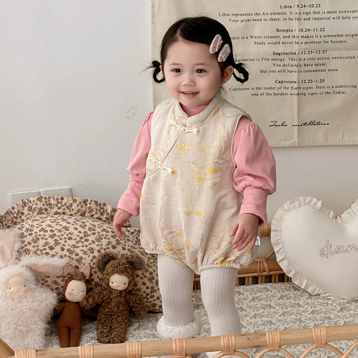 婴儿衣服冬装包屁衣新生女宝宝甜美加绒新中式拜年服周岁礼服冬季
