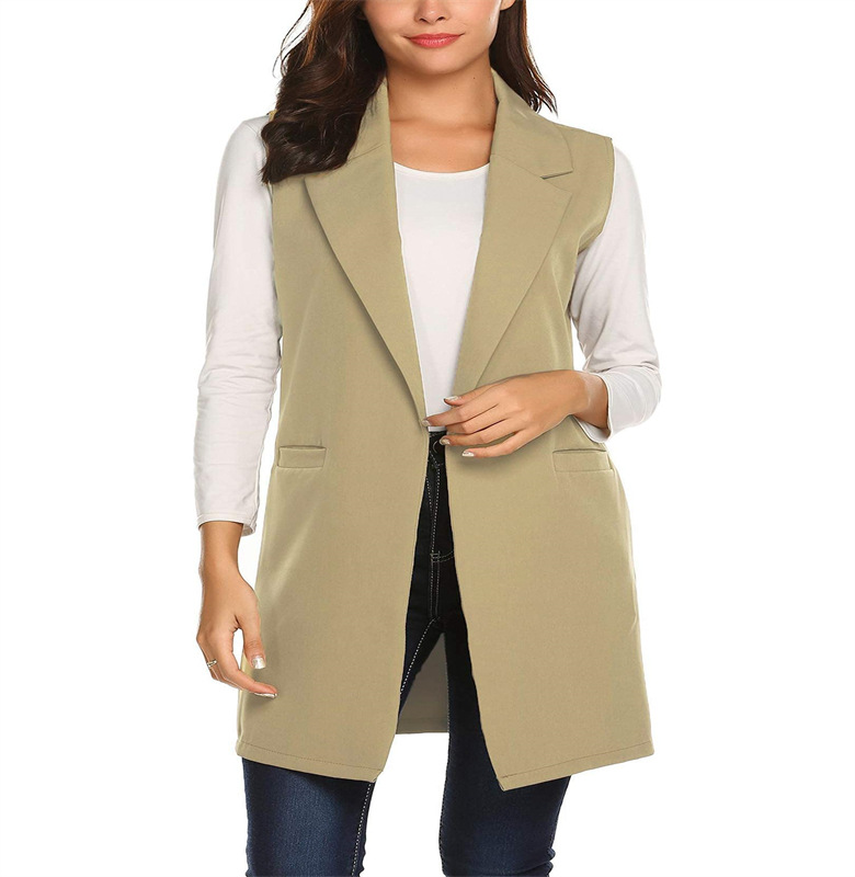 2022 europeo y americano transfronterizo verano elegante nueva ropa de mujer color sólido todo partido solapa sin hebilla cardigan traje largo chaleco