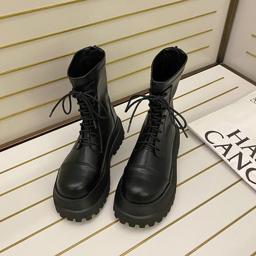Women's Thick-Heeled Martin Boots  New Model Rear Zip Thin Round-Toe Motorcycle Boots Soft Leather Lace-Up Fashion Influencer Short Boots