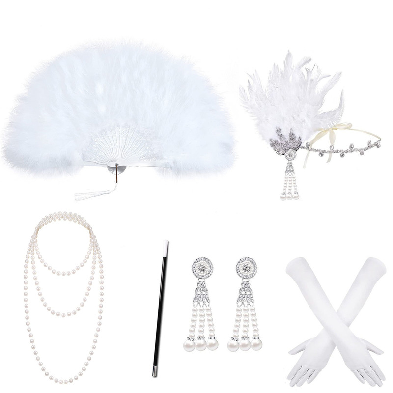 1920S Gatsby Party Feather Headband Pearl Necklace Cigarette Holder Gloves Feather Fan Set Retro Hepburn Costume
