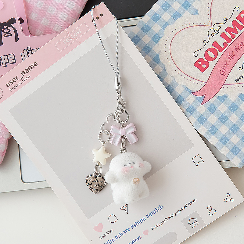 Cute Flocked Bear Phone Charm with Bowknot, Cartoon Animal Bag Pendant Accessory, Car Keychain