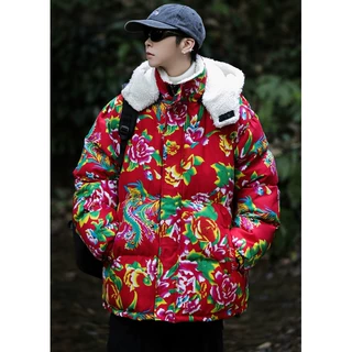A1情侣装东北大花羊羔毛棉衣保暖防寒中国风汉服团队服可脱卸帽