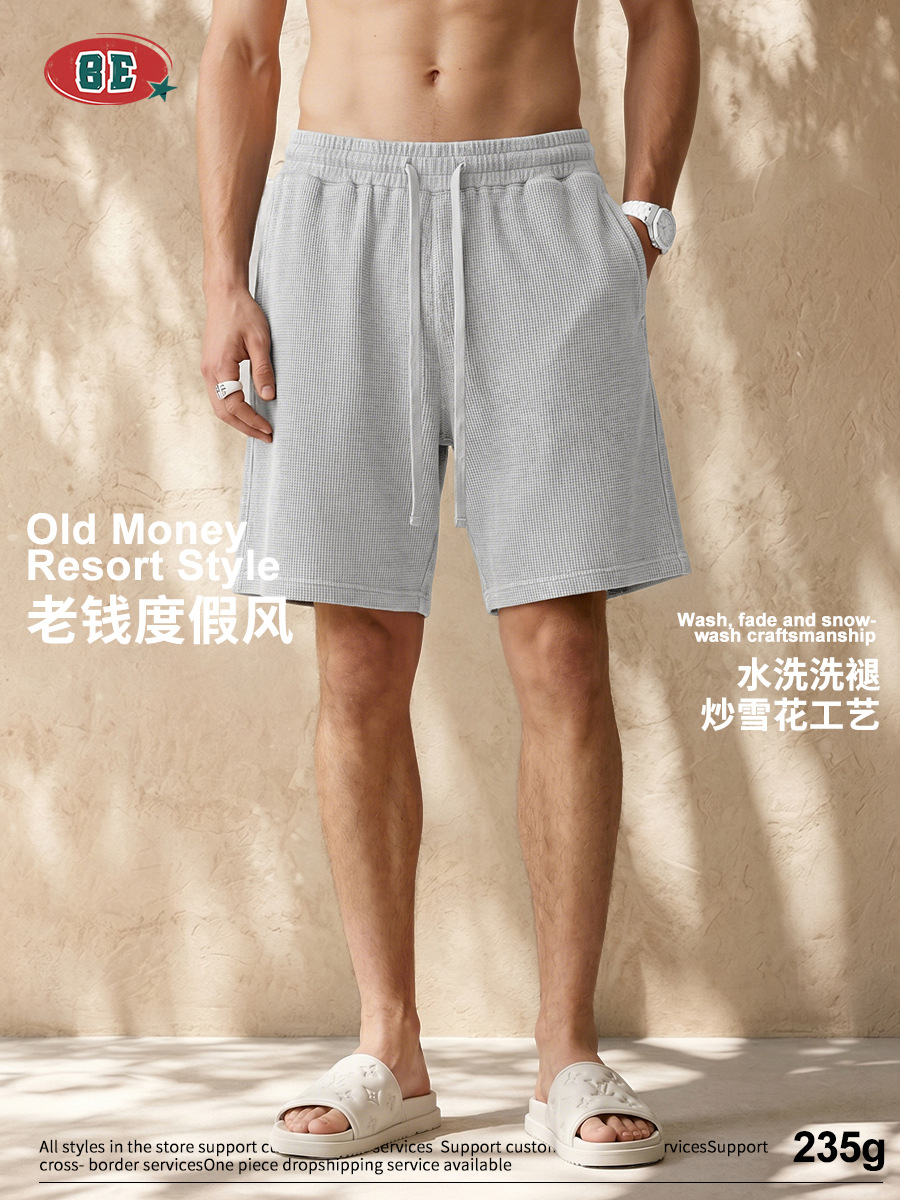 Be Hombres| Retro lavado con agua hace viejos pantalones de cinco puntos de estilo de dinero para hombre, pantalones cortos de textura de waffle sueltos transpirables para hombre