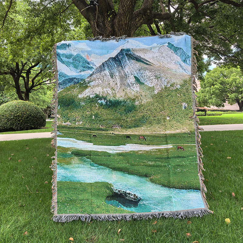 广阔草原牛羊风景画墙面装饰挂毯中古风背景布高级感挂毯棉线毯子|undefined