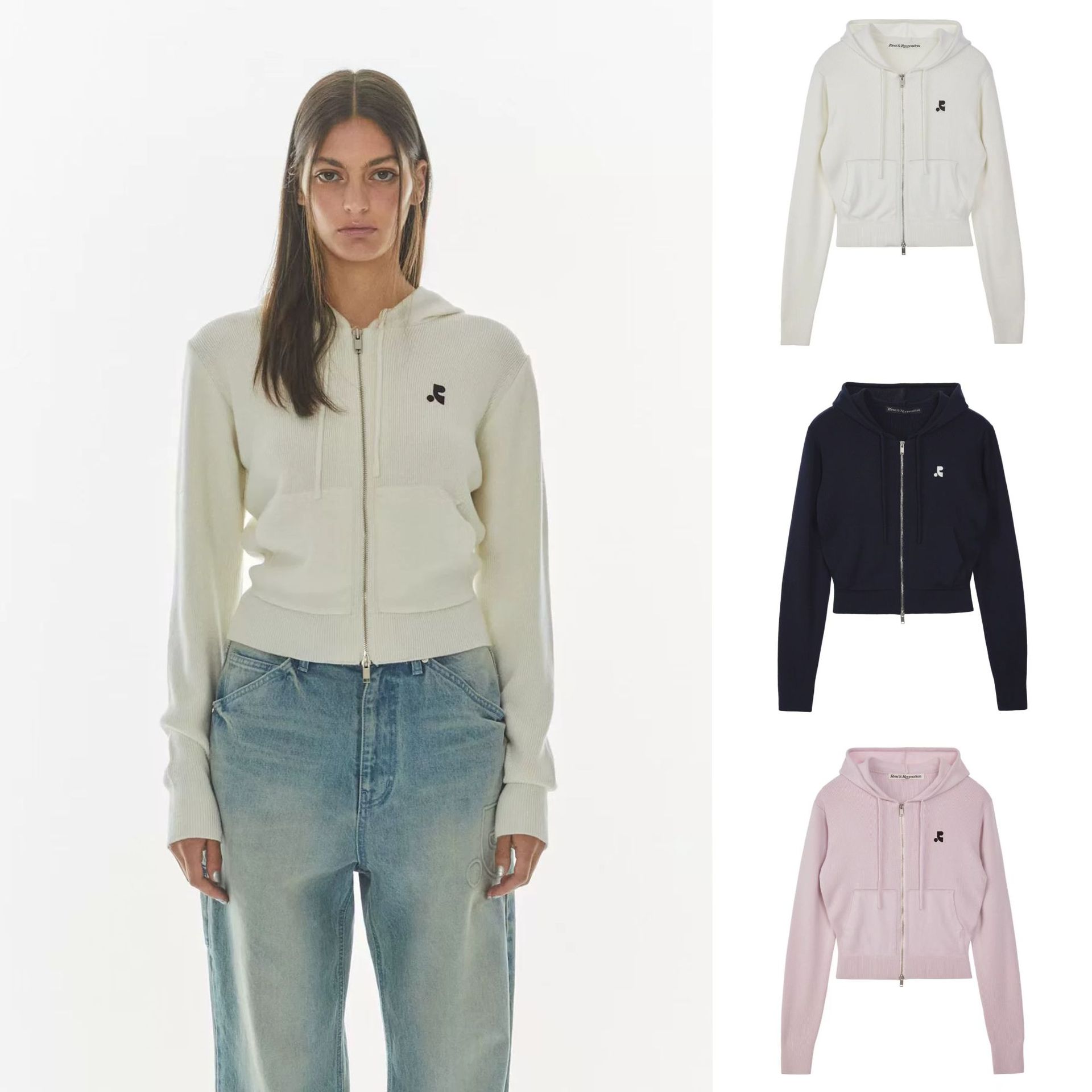Korean Niche Trendy Brand Rest Rr Clottyteam Knit Sweater Hooded Zip-Up Cardigan Rr Short Jacket for Women