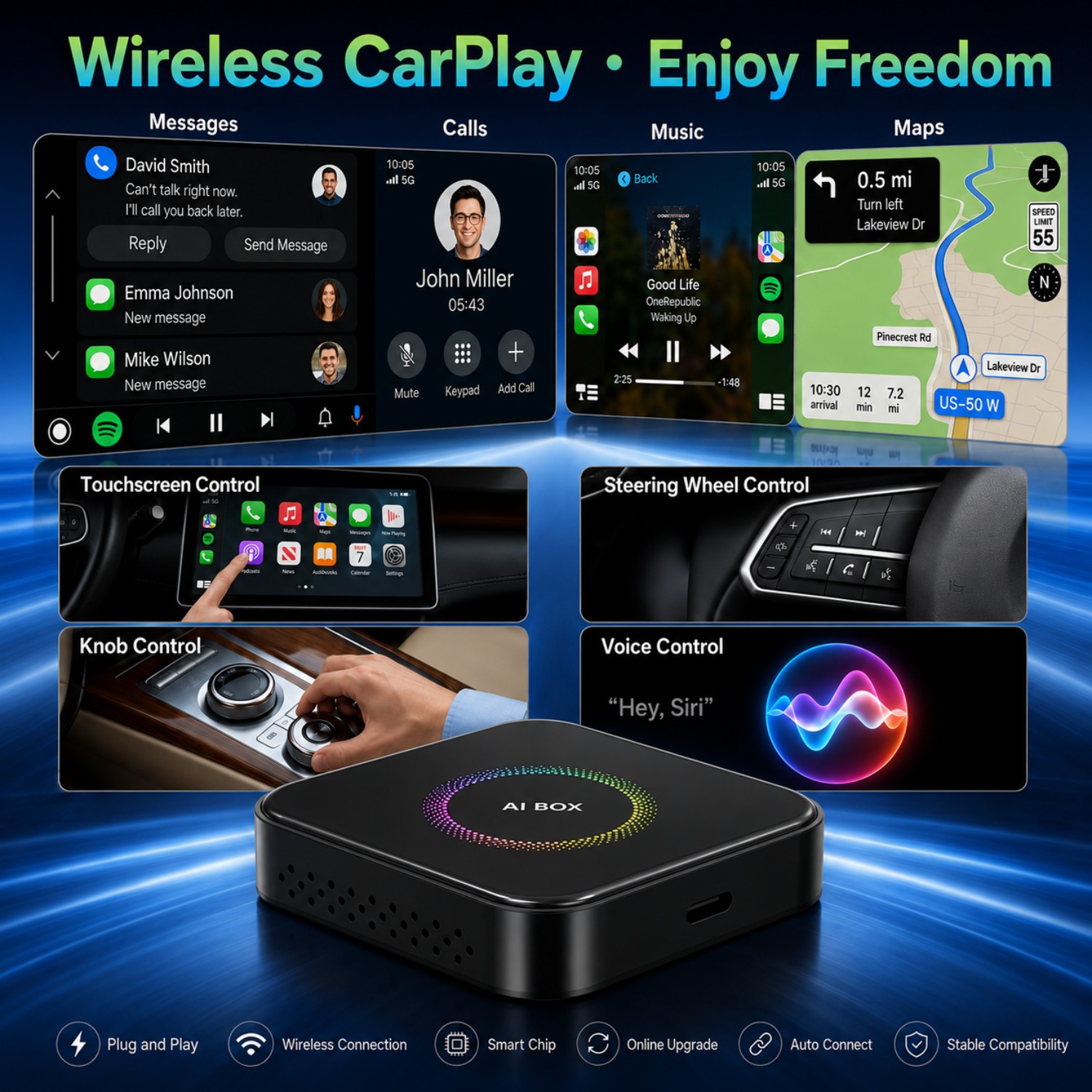 Cross-Border Three-In-One Wired to Wireless Carplay Box for Apple and Android Auto Car Connectivity and Smart Screen Projection