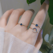 日韩开口戒指女细款简约风ins潮时尚个性蓝色极细食指戒套装组合