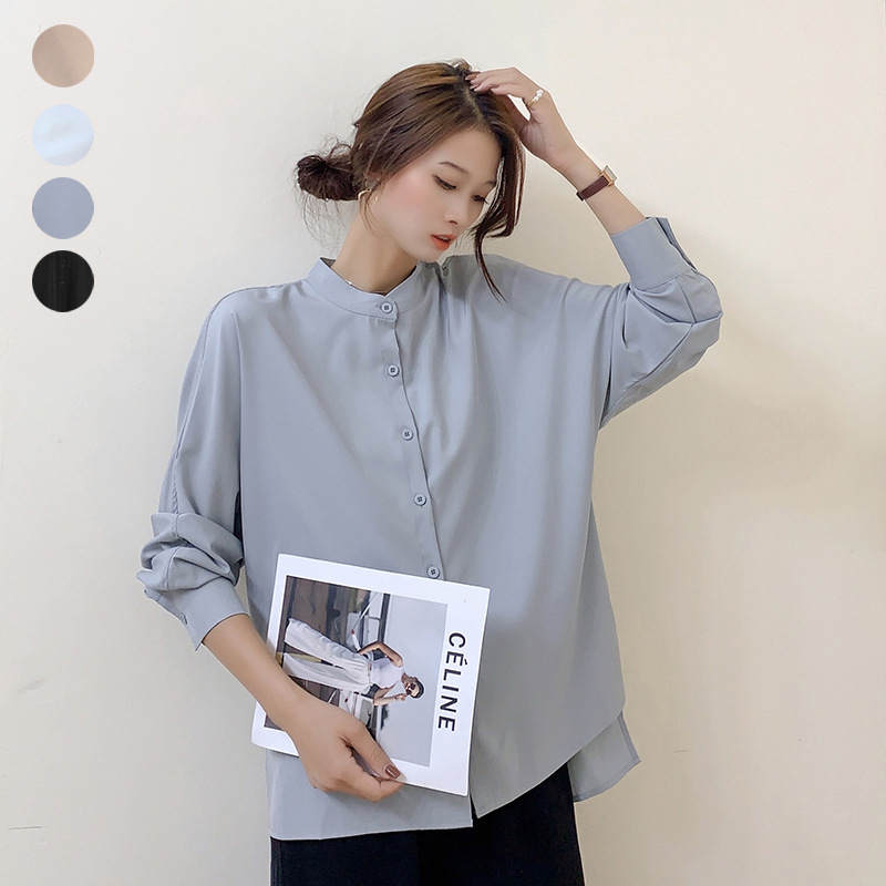 Letian new 4-color 2022 autumn new women's long-sleeved shirt loose batwing sleeve side slit shirt