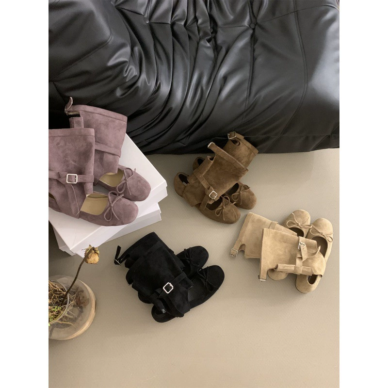 Корейские нишевые балетные прохладные сапоги женские 2024 новые круглые сапоги с бантом