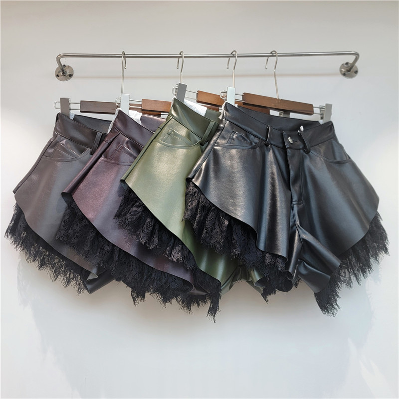 Pantalones Cortos de Cuero PU para Mujer de Talle Alto con Encaje