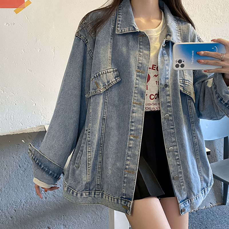 Fried Street Mid-length Denim Jacket Women's Autumn New Korean Loose Cyber Celebrity Work Jacket Top Instagram Popular Spring Fried Street Mid-length Denim Jacket Women's Autumn New Korean Loose Cyber Celebrity Work Jacket Top Instagram Popular Spring