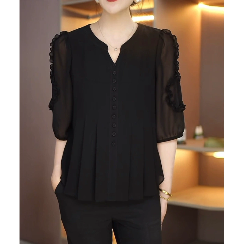 Высококачественная летняя легкая дышащая блузка из жоржета больших размеров для мам, закрывающая тело и бедра, новинка лета 2025 года.