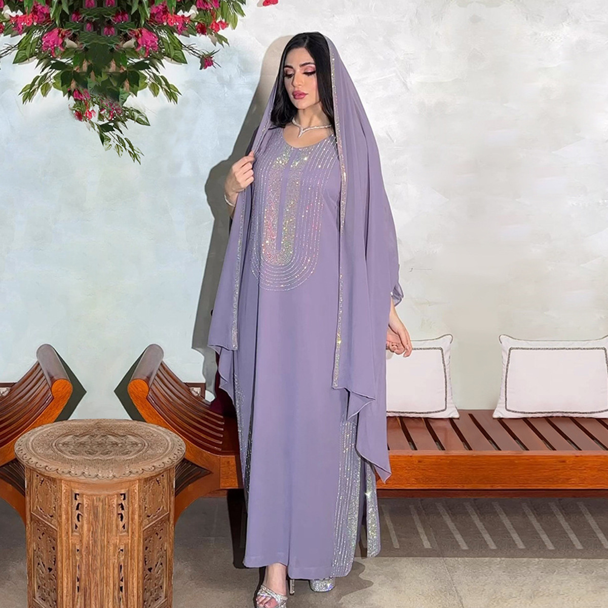 2024 Cross-Border Purple Long-Sleeve Rhinestone Embellished Middle Eastern Women's Arabic Dress_ecoleips.com