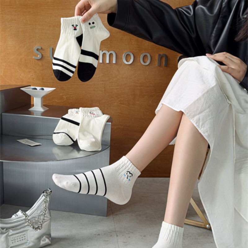 White Socks Women's Short Tube Summer Thin Cotton Socks Funny Cartoon Student Embroidered Striped Medium Tube with White Shoes