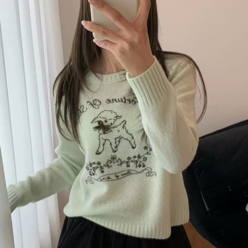 Korean-style minimalist 2026 autumn new collection: round-neck, cute lamb embroidery, bow-knot, all-wool pullover sweater for women Korean-style minimalist 2026 autumn new collection: round-neck, cute lamb embroidery, bow-knot, all-wool pullover sweater for women