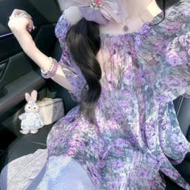 法式一字肩衬衫女夏紫色碎花上衣高级感泡泡袖绝美露肩小衫