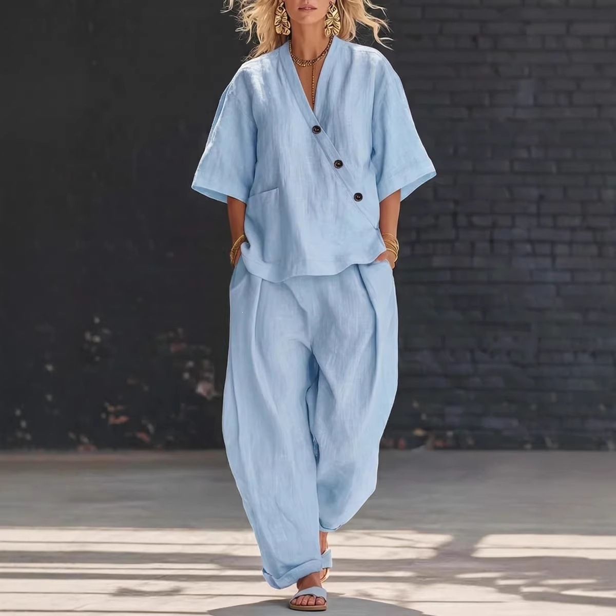 Women's Clothing Women's Solid Color Summer Set V Neck Short Sleeve Top And High Waisted Trousers Two Piece Style Clothing_ecoleips.com