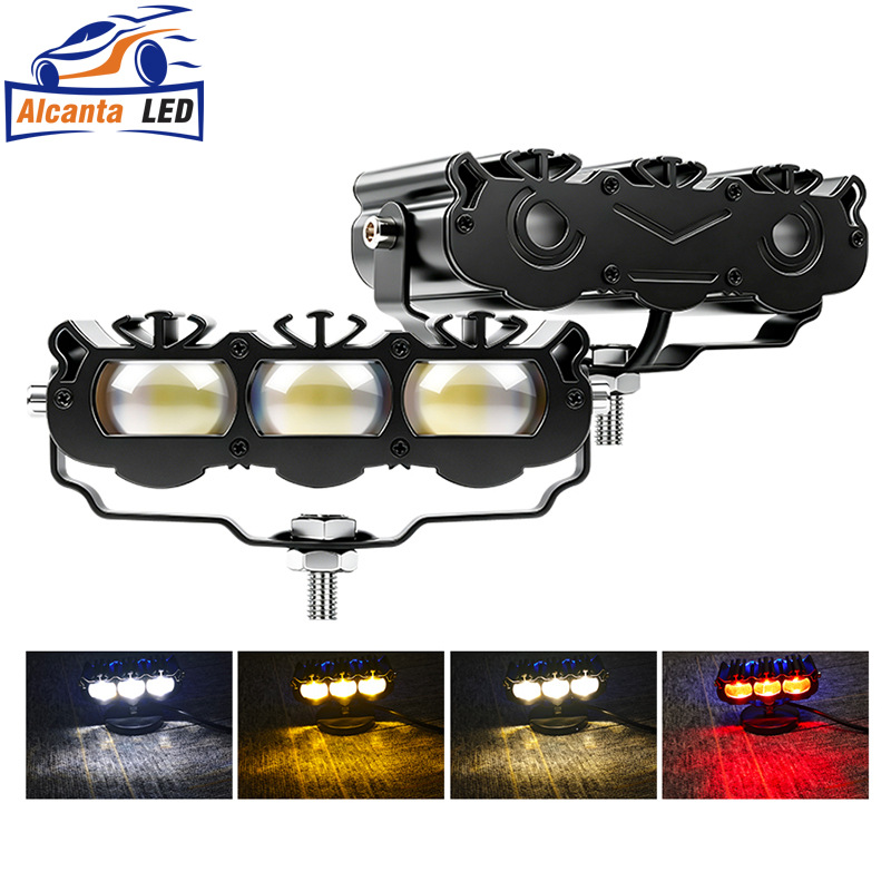 New Led Spotlight, Blue Devil-Eye Motorcycle 3-Lens Work Light, Waterproof, Ultra-Bright, Integrated High and Low Beam